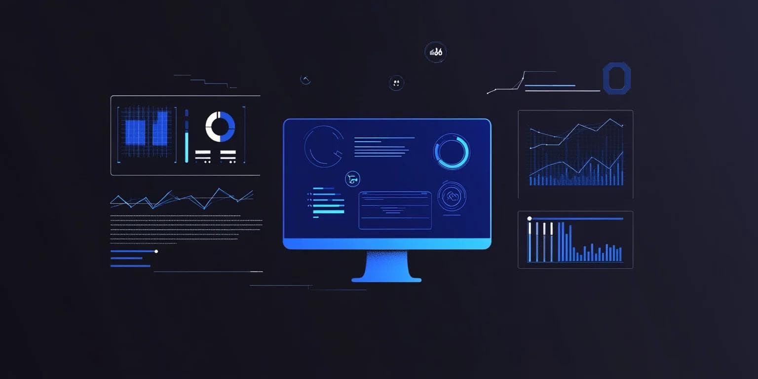 A computer monitor displaying various blue data visualizations and graphs on a dark background.