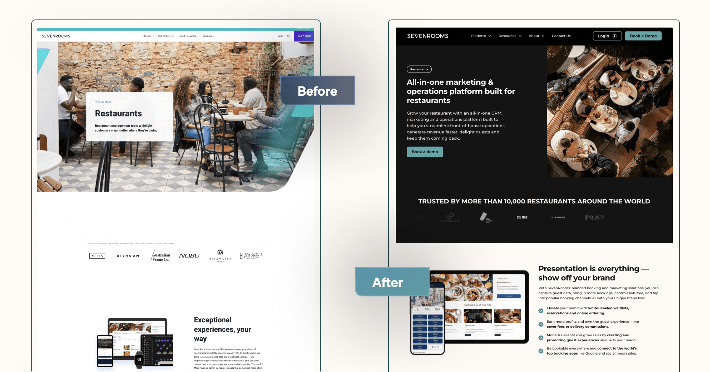 Comparison of a restaurant management platform website's old and new design, showing enhanced features and visuals.