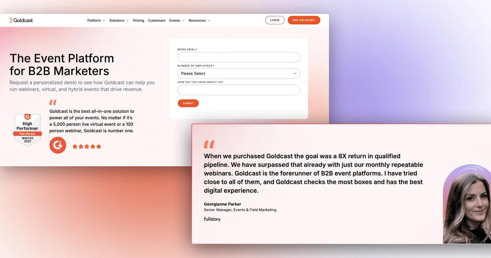 Goldcast - Demo page Goldcast homepage showcasing event platform features, testimonials, and a demo request form.