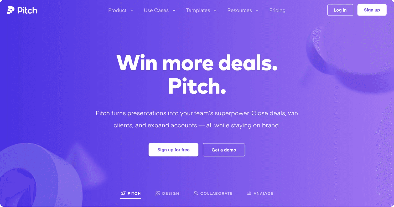 pitch homepage Homepage of Pitch, featuring a tagline about winning deals and transforming presentations into business advantages.