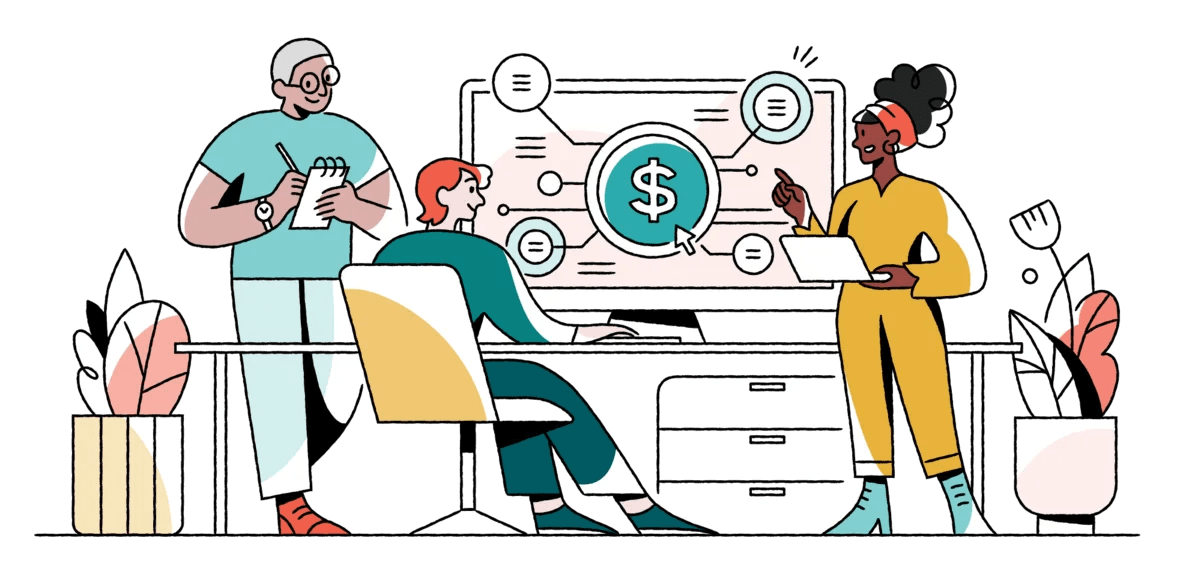 gusto-moneyback-illustration A Gusto illustration depicting three people around an office desktop computer.