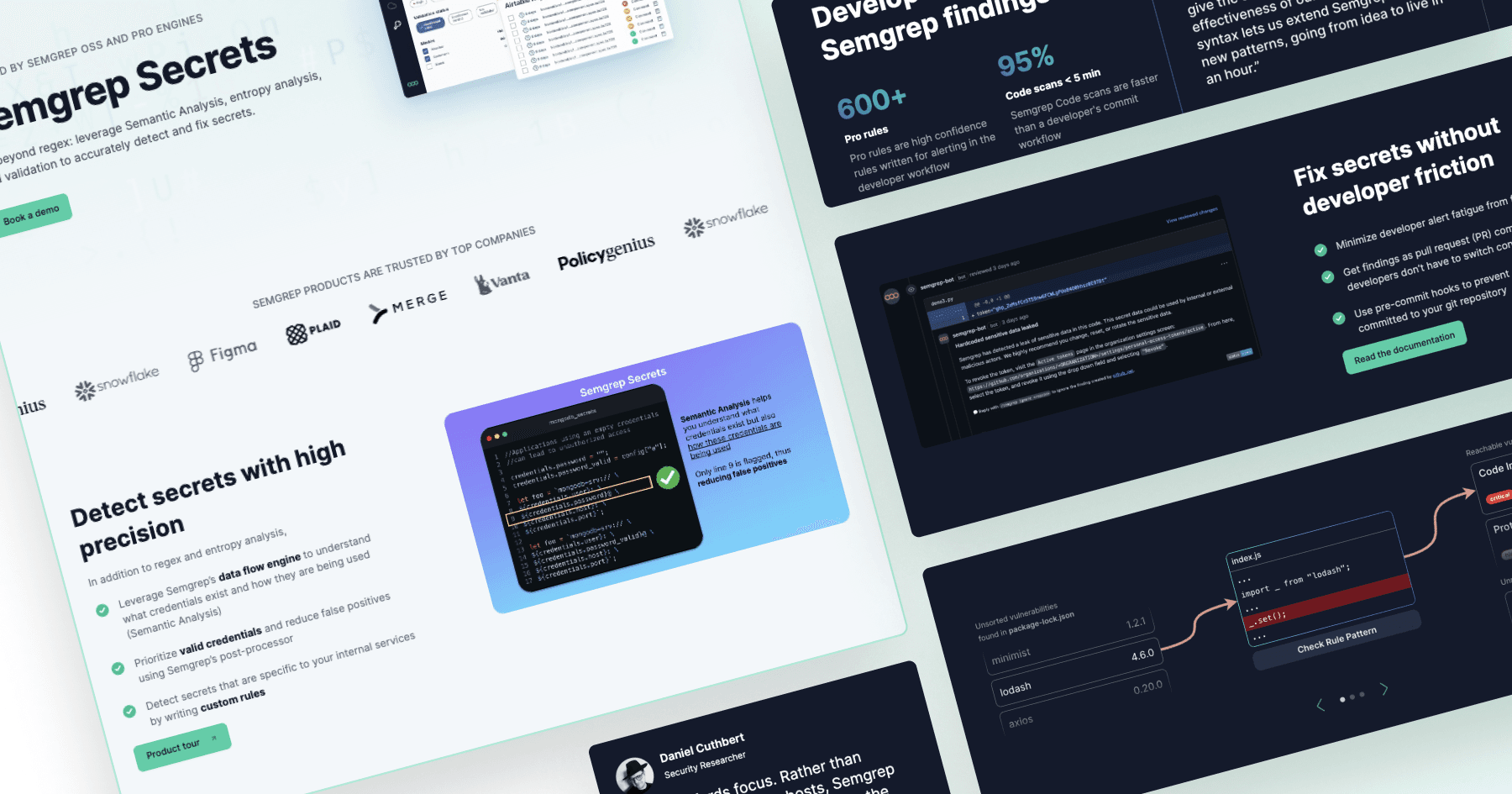Landing page for Semgrep Secrets highlighting features like semantic analysis, detecting secrets, and developer insights.