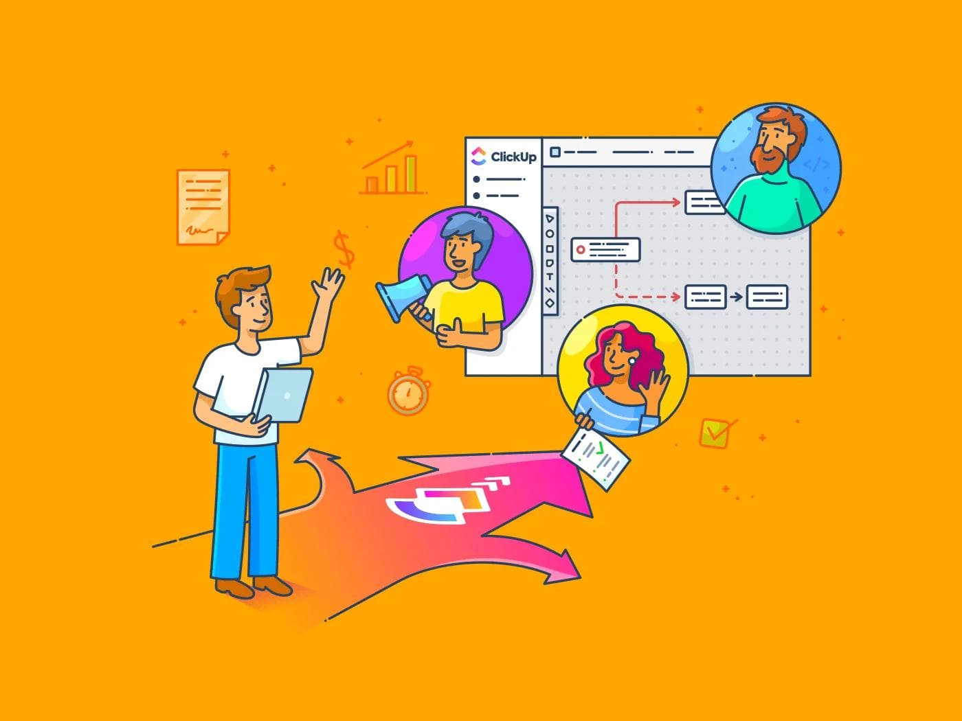clickup-illustration Illustration of a user interacting with ClickUp, surrounded by team members and project elements on a bright orange background.