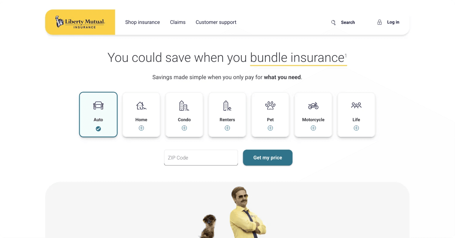 liberty mutual homepage Liberty Mutual insurance homepage with options for bundling various insurance types and a call to action for pricing.