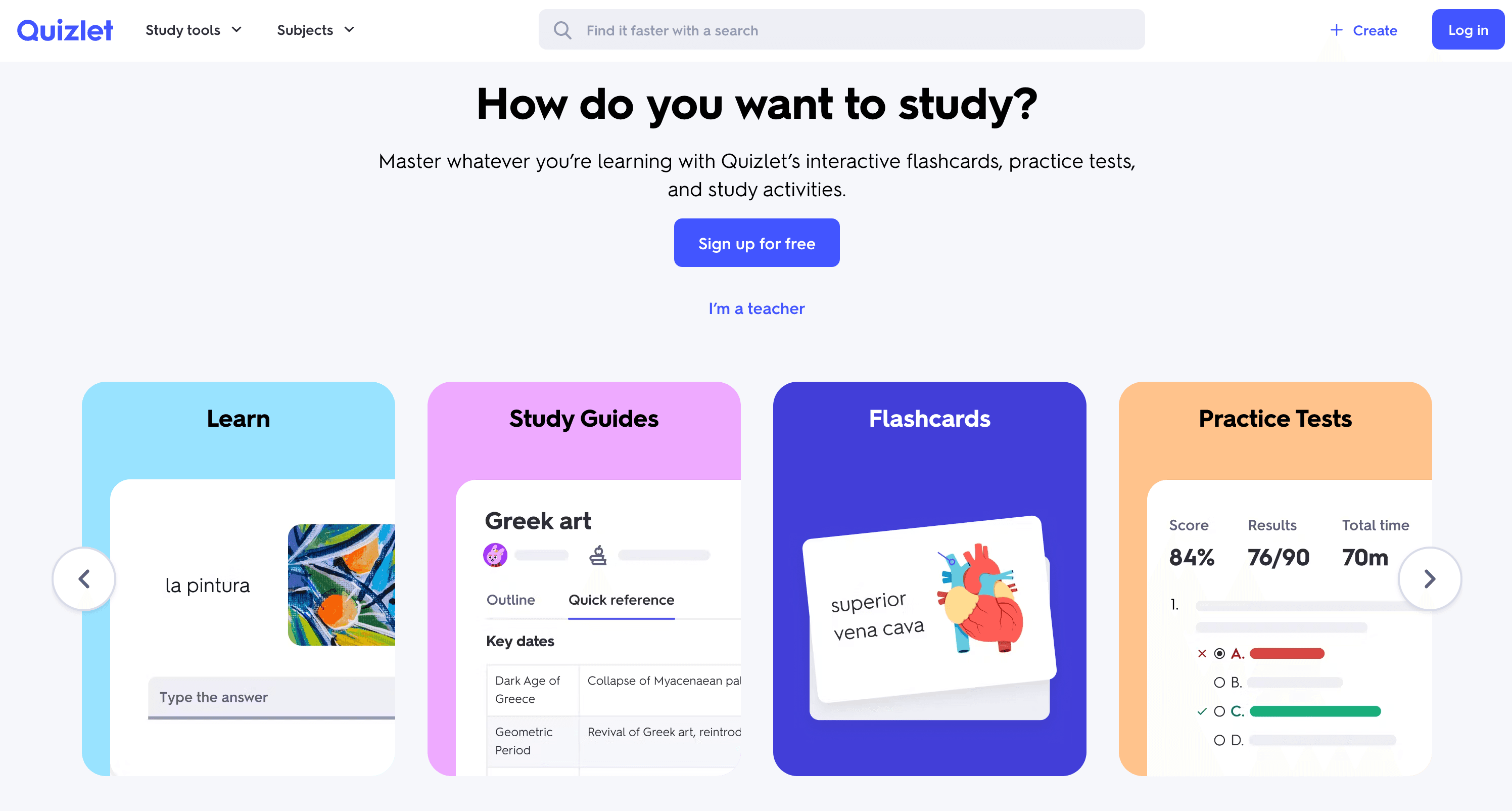 Quizlet homepage displaying study options: Learn, Study Guides, Flashcards, and Practice Tests.