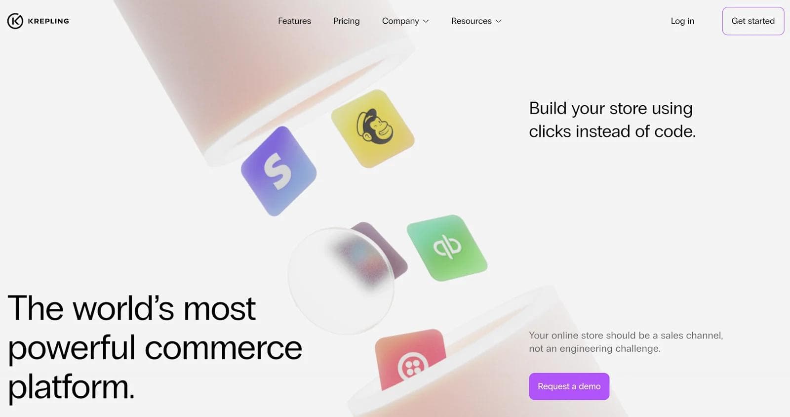 krepling web design Website homepage featuring colorful app icons with a tagline about building online stores easily.