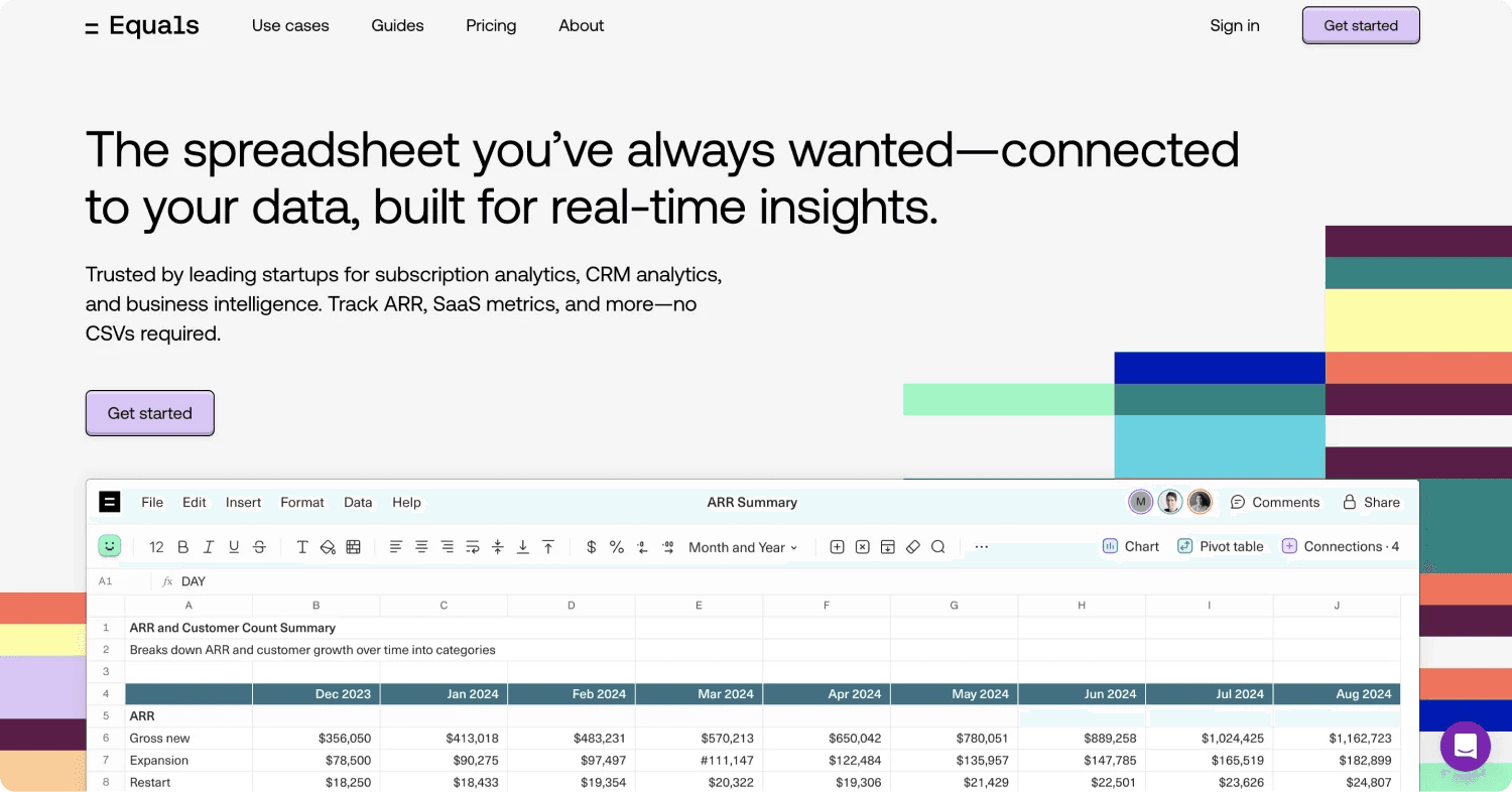 equals homepage A webpage showcasing a spreadsheet tool designed for real-time data insights and subscription analytics.