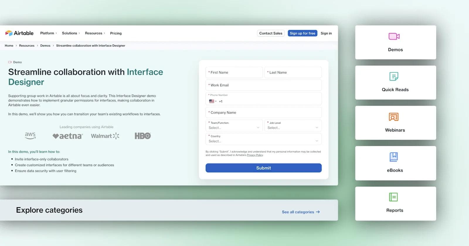 Airtable - Demo page Airtable interface demo page with form fields for user registration and navigation links for various resources.