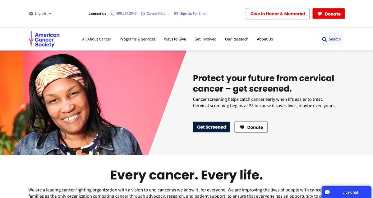 acs homepage Woman smiling in front of a pink background, promoting cervical cancer screening on an American Cancer Society webpage.