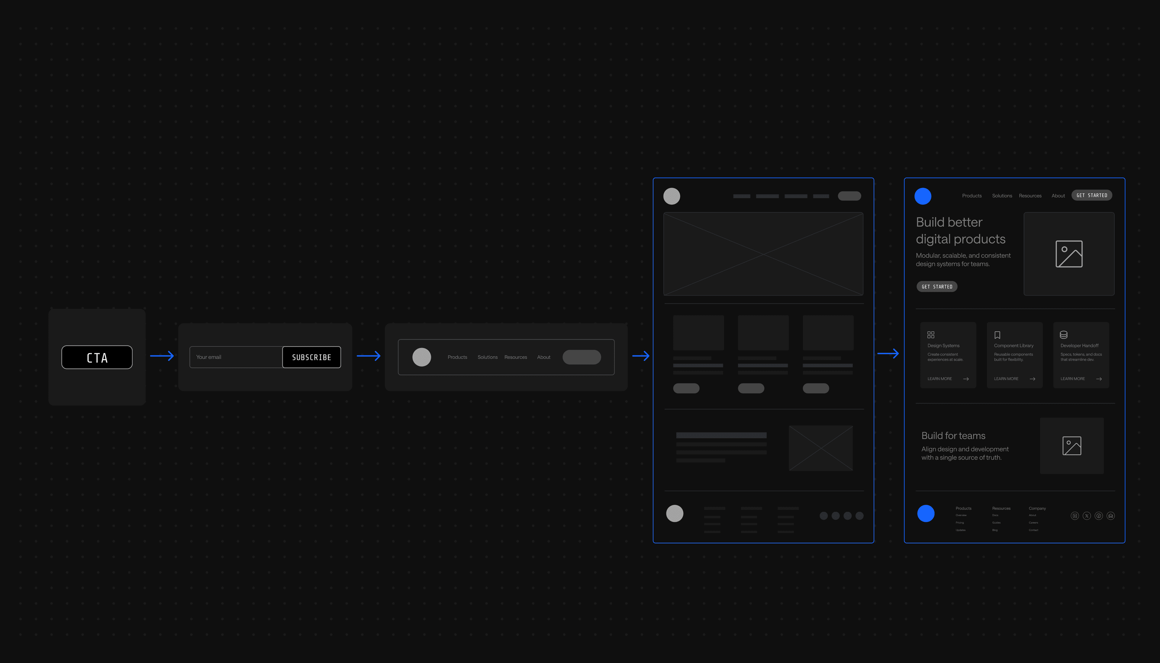 A collection of blue and black icons with circular and grid designs on a dark background.