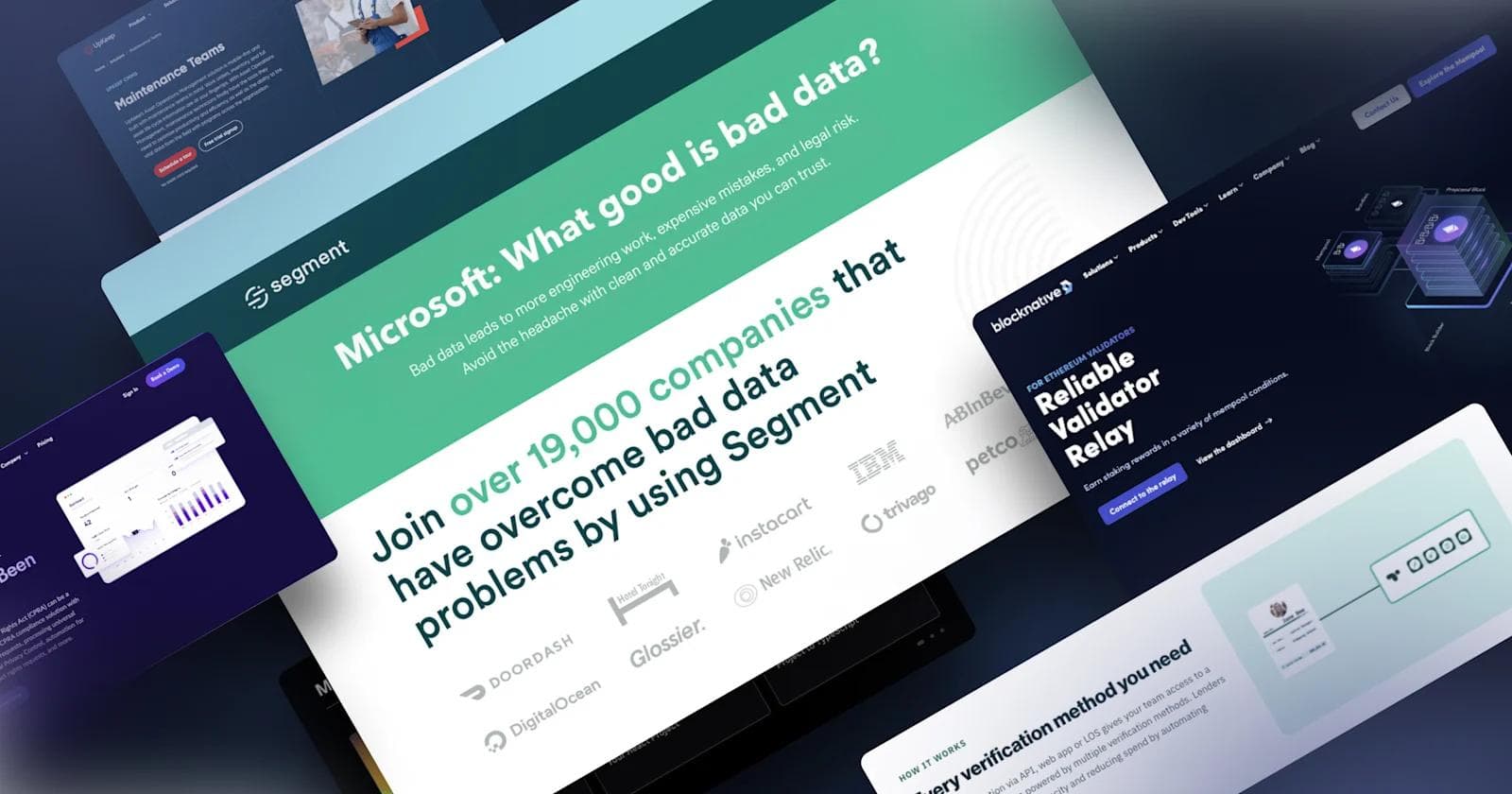 Examples of ABM Collage of web pages highlighting data solutions by Segment and Blocknative, featuring logos of prominent companies.
