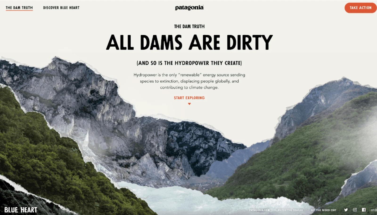 patagonia 2 Text overlay highlights environmental issues with hydropower, featuring dramatic mountain and river landscape imagery.