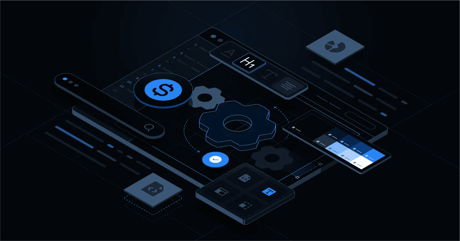 Abstract digital interface featuring gears, dollar signs, and various icons on a dark background.