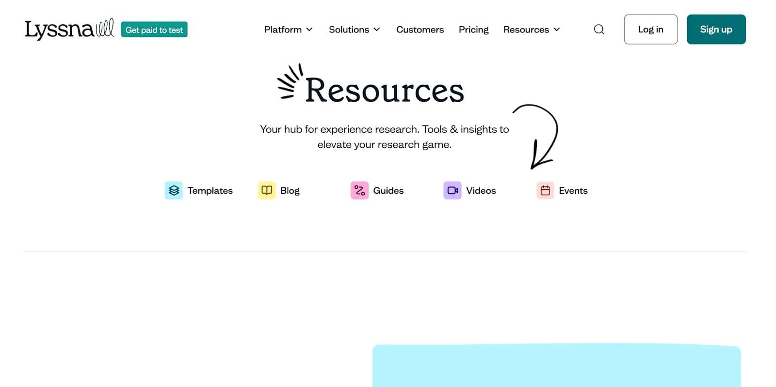 lyssna resources Website screenshot featuring Lyssna's resources section with icons for templates, blog, guides, videos, and events.