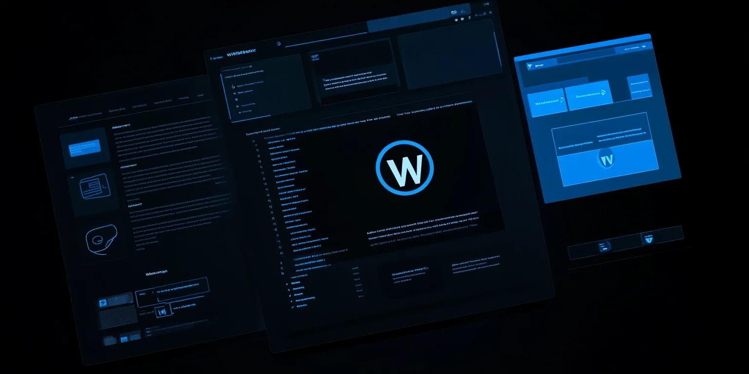 Multiple digital screens displaying a dark-themed UI with navigation elements and a prominent blue 'W' logo.