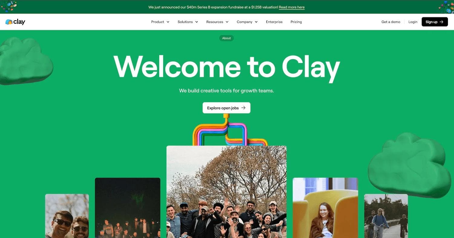 clay about Welcome to Clay; green homepage featuring creative tools for growth teams and images of people engaging together.