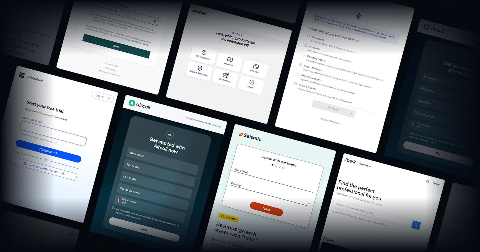 A collage of various sign-up and inquiry forms from different online services and tools on dark backgrounds.