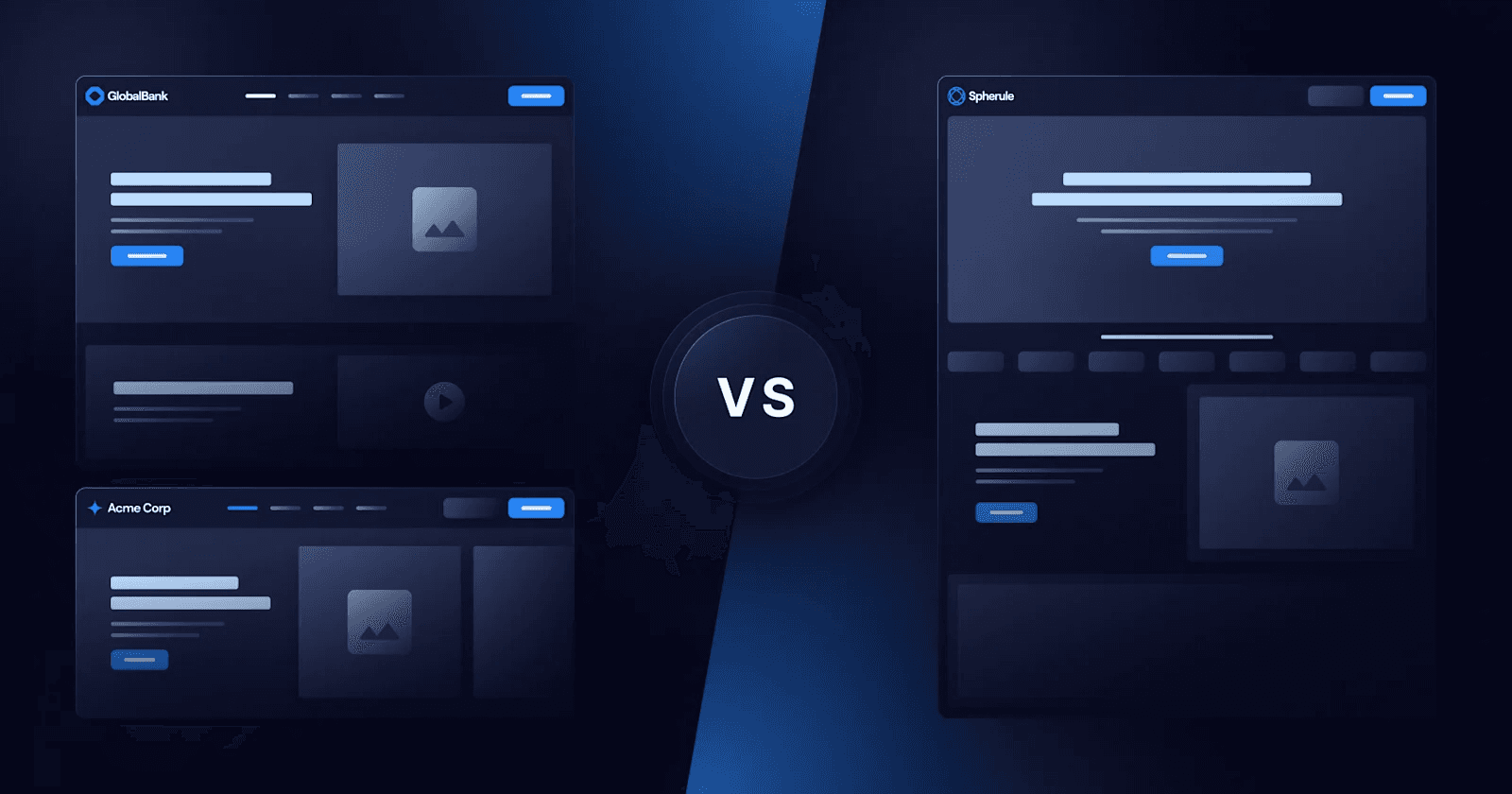 Comparison of two dark-themed user interfaces: GlobalBank vs Sphereule with layout and design elements shown.