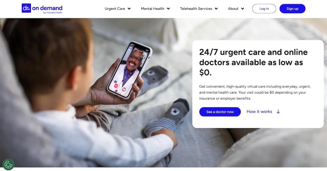 doctorondemand hp Child on a couch holding a smartphone, video-calling a doctor in a virtual health service interface.