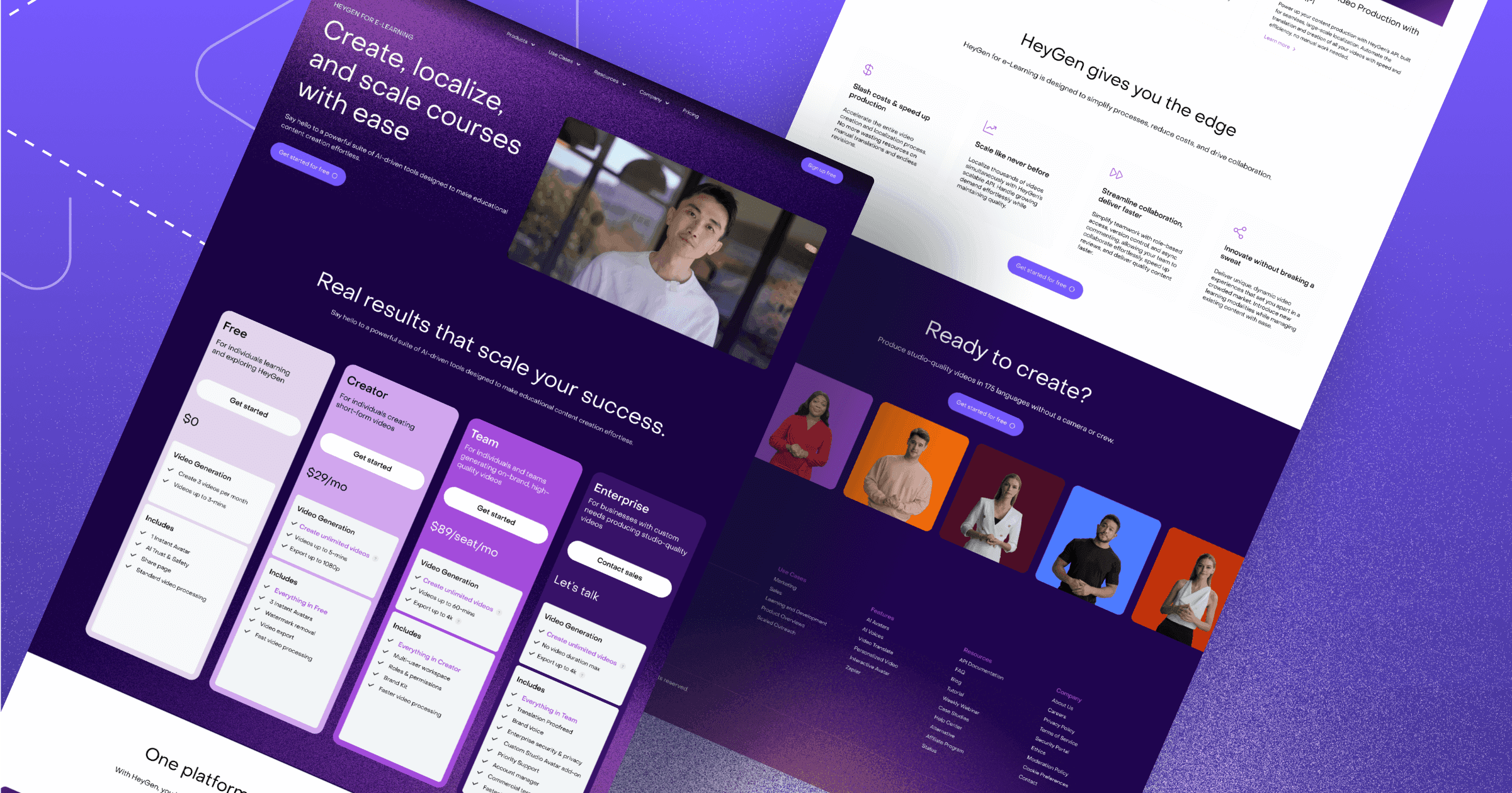 Website mockup for HeyGen, showcasing e-learning tools and subscription plans for video generation and course creation.