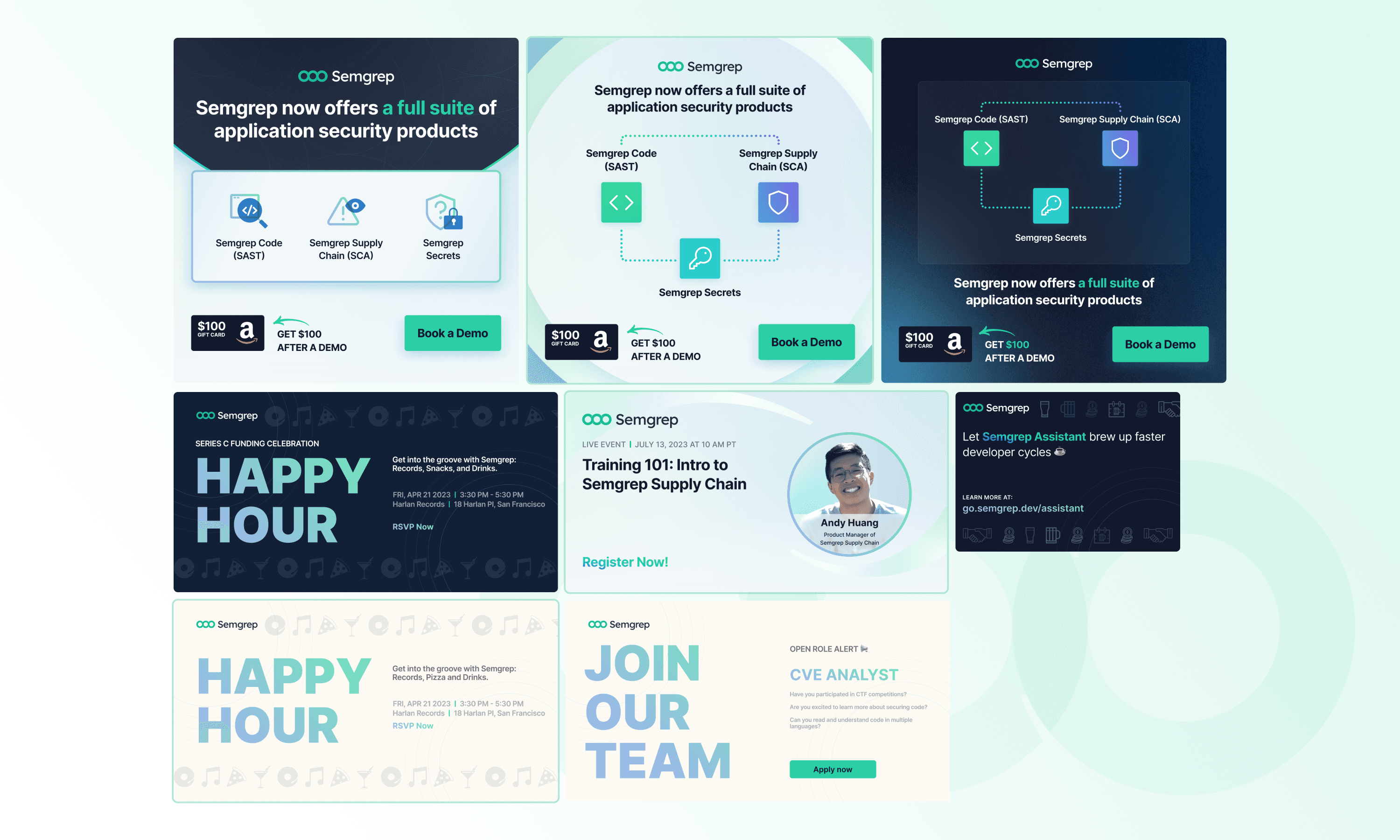 Semgrep promotional graphic showcasing application security products, events, and job opportunities.