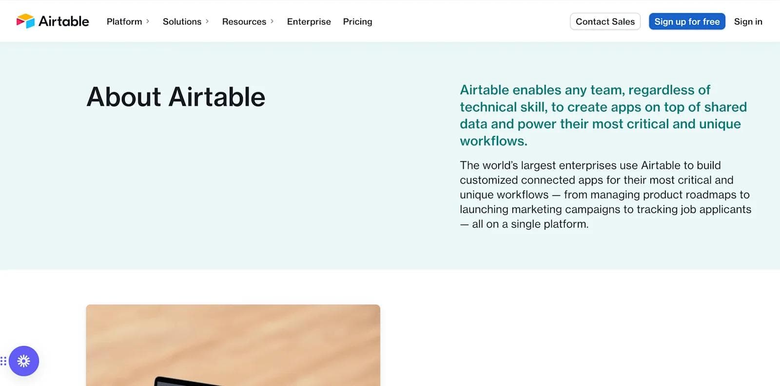 airtable about Airtable's interface showcasing features for creating customized apps and managing workflows efficiently.