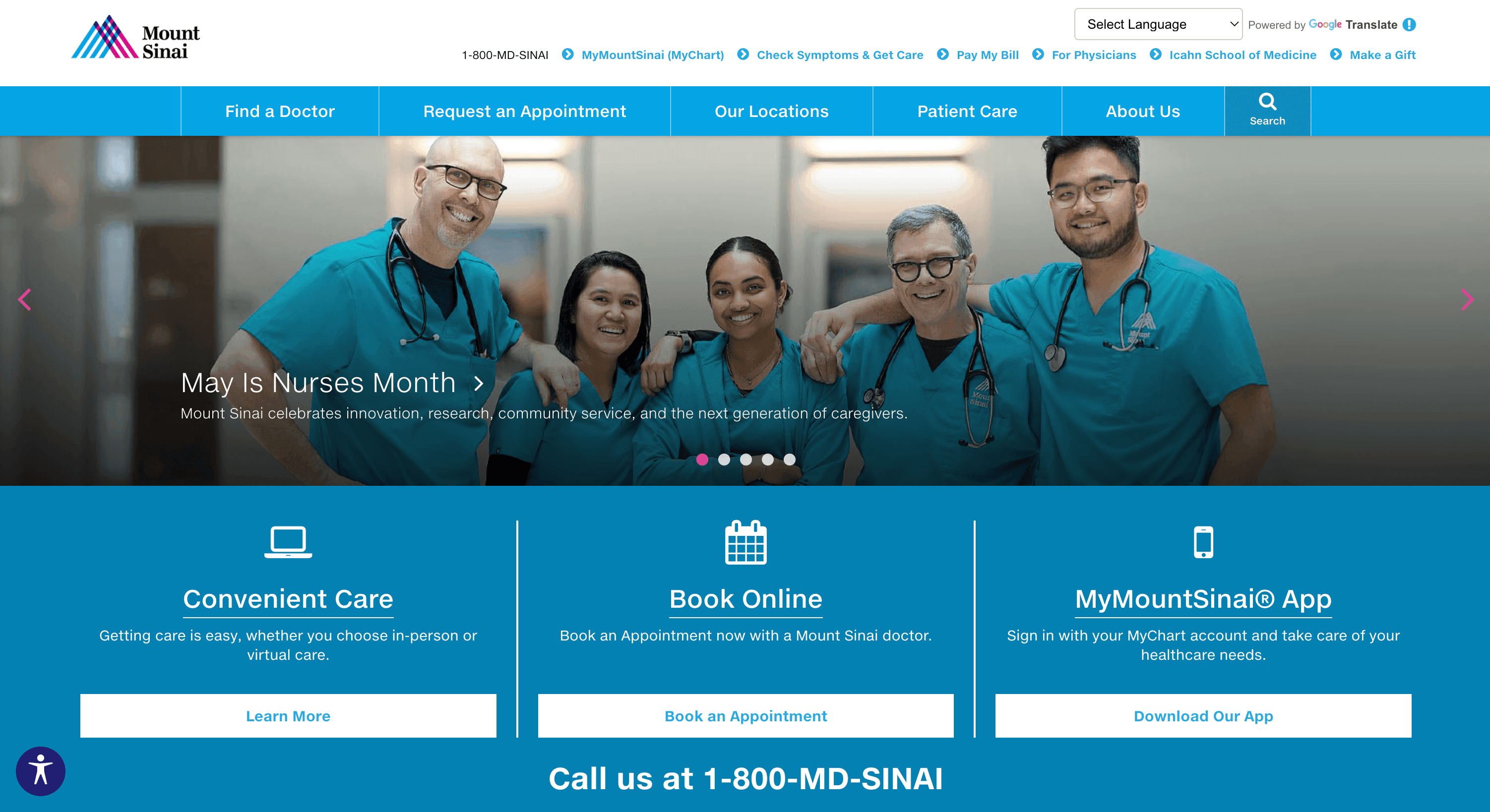 Homepage of Mount Sinai featuring healthcare professionals, celebrating Nurses Month with appointment booking options.