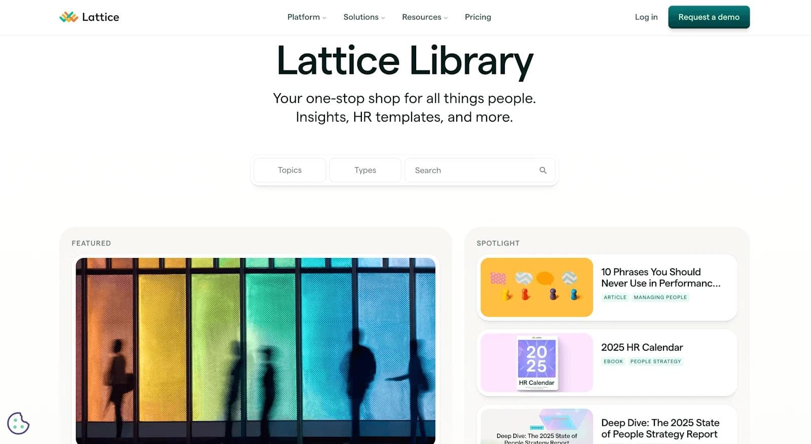 lattice resources Website screenshot of Lattice Library, showcasing colorful backgrounds and HR resources.