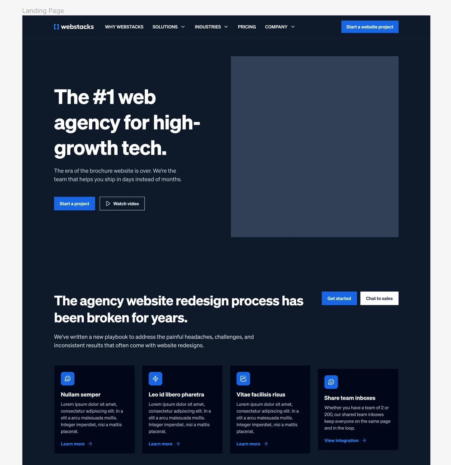 modular-web-design-page-assembled-example Landing page for a web agency highlighting services for high-growth tech startups.