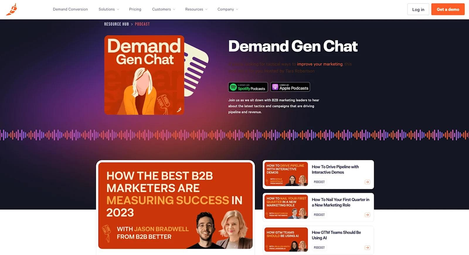 chilipiper podcast Podcast page for "Demand Gen Chat," featuring B2B marketing insights and episodes with various industry experts.