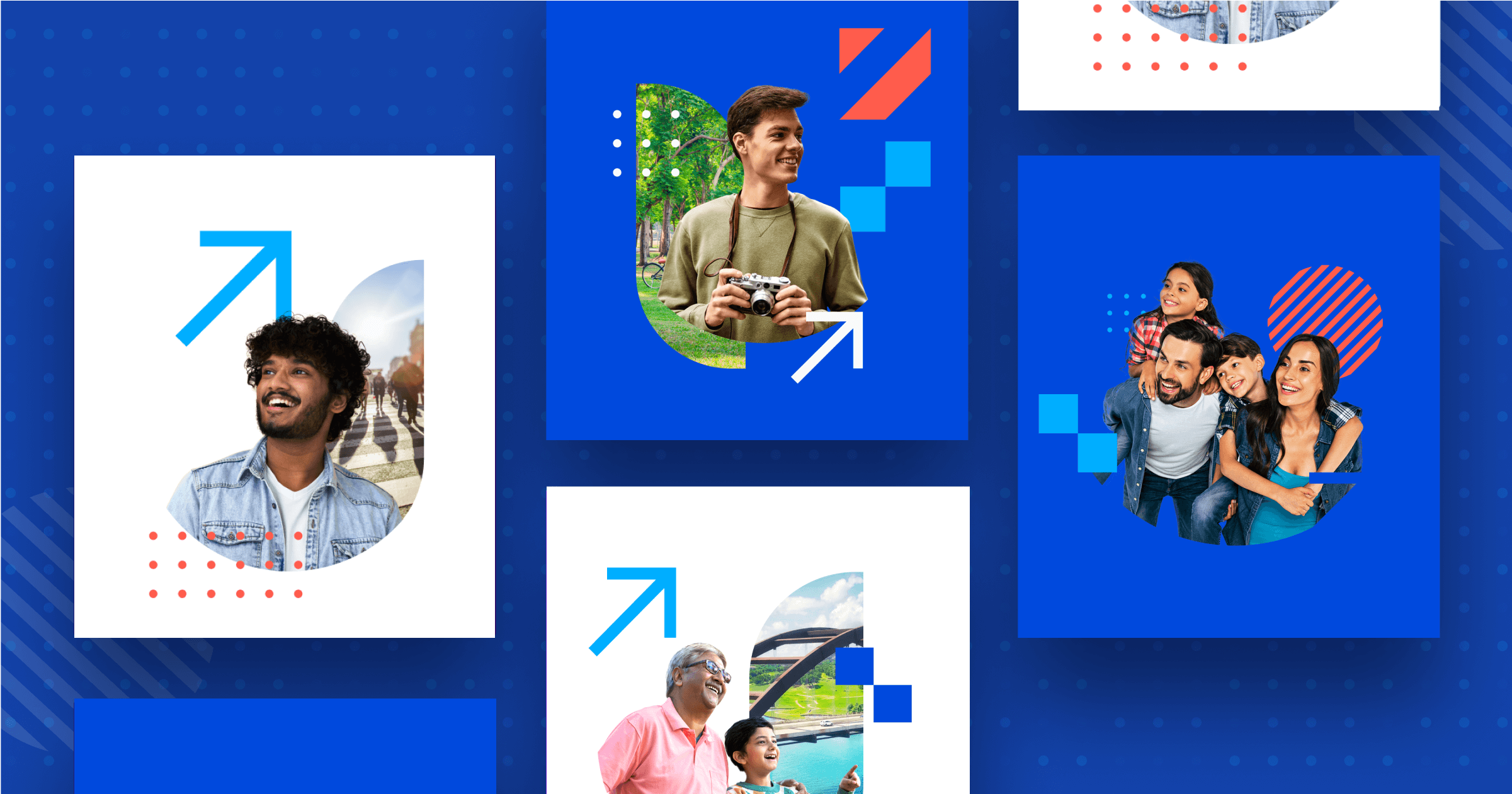 Collage of diverse people smiling and enjoying activities, with colorful geometric shapes and arrows in the background.