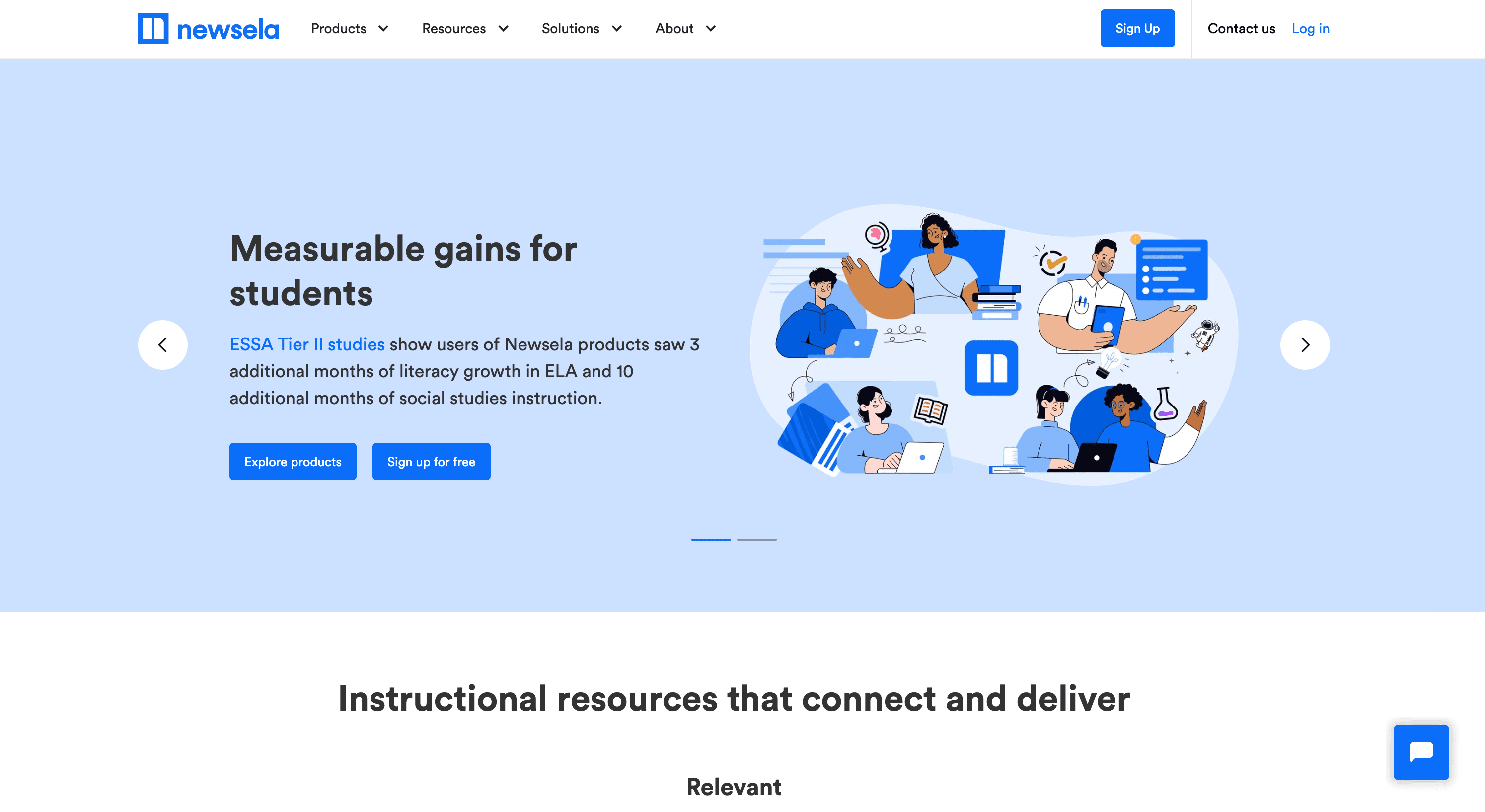 Homepage of Newsela, showcasing educational resources with illustrations of diverse students engaging with technology.