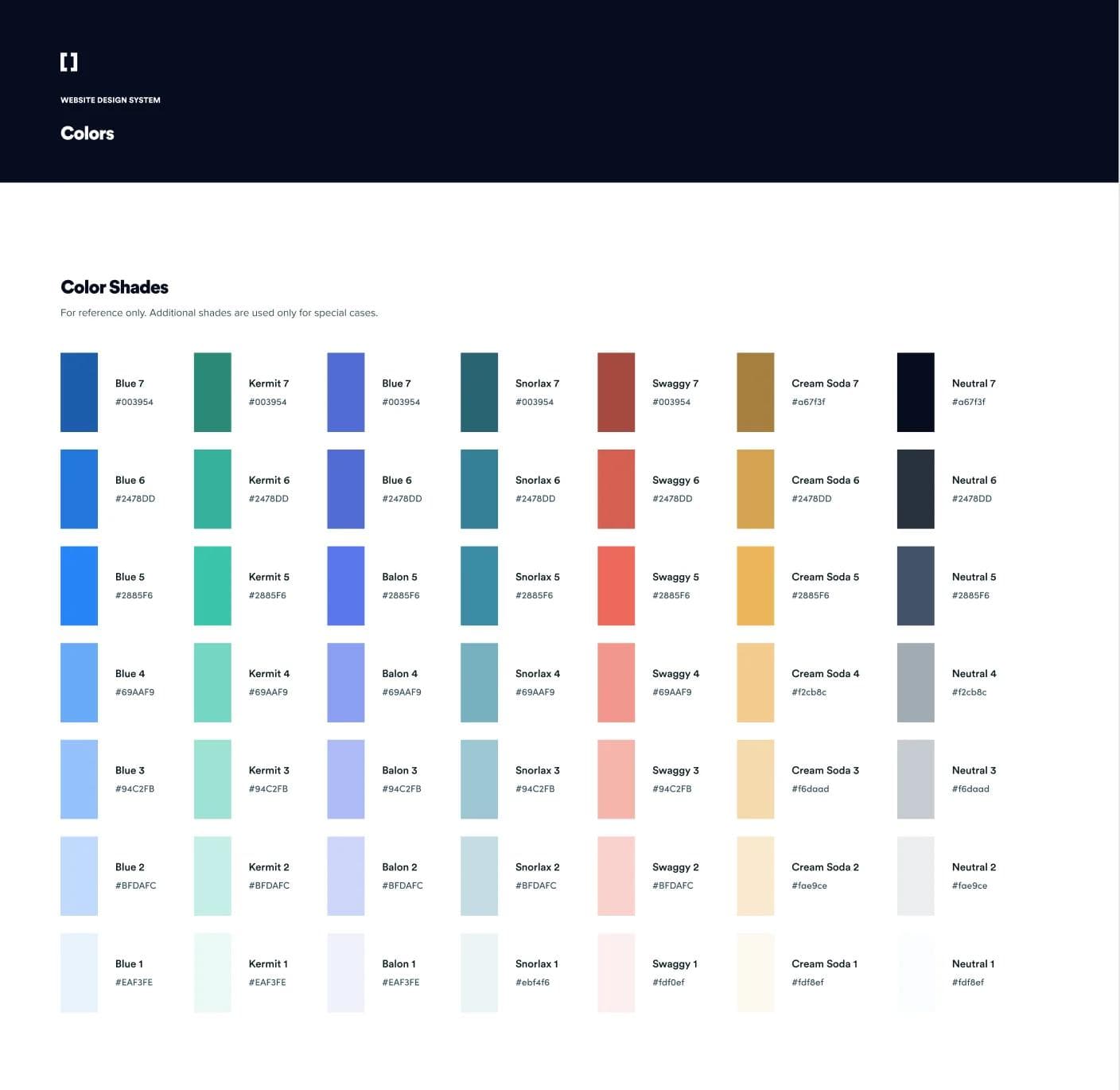 Webstacks Color Pallete from our Visual Identity System in Figma An example of a color palette from a visual identity system.