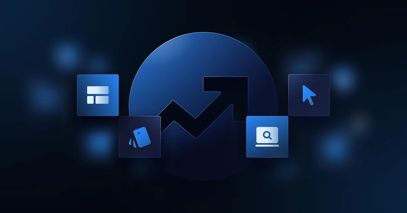 Key Design Elements to Test for CRO Abstract blue graphic featuring icons representing growth, technology, and data analysis.