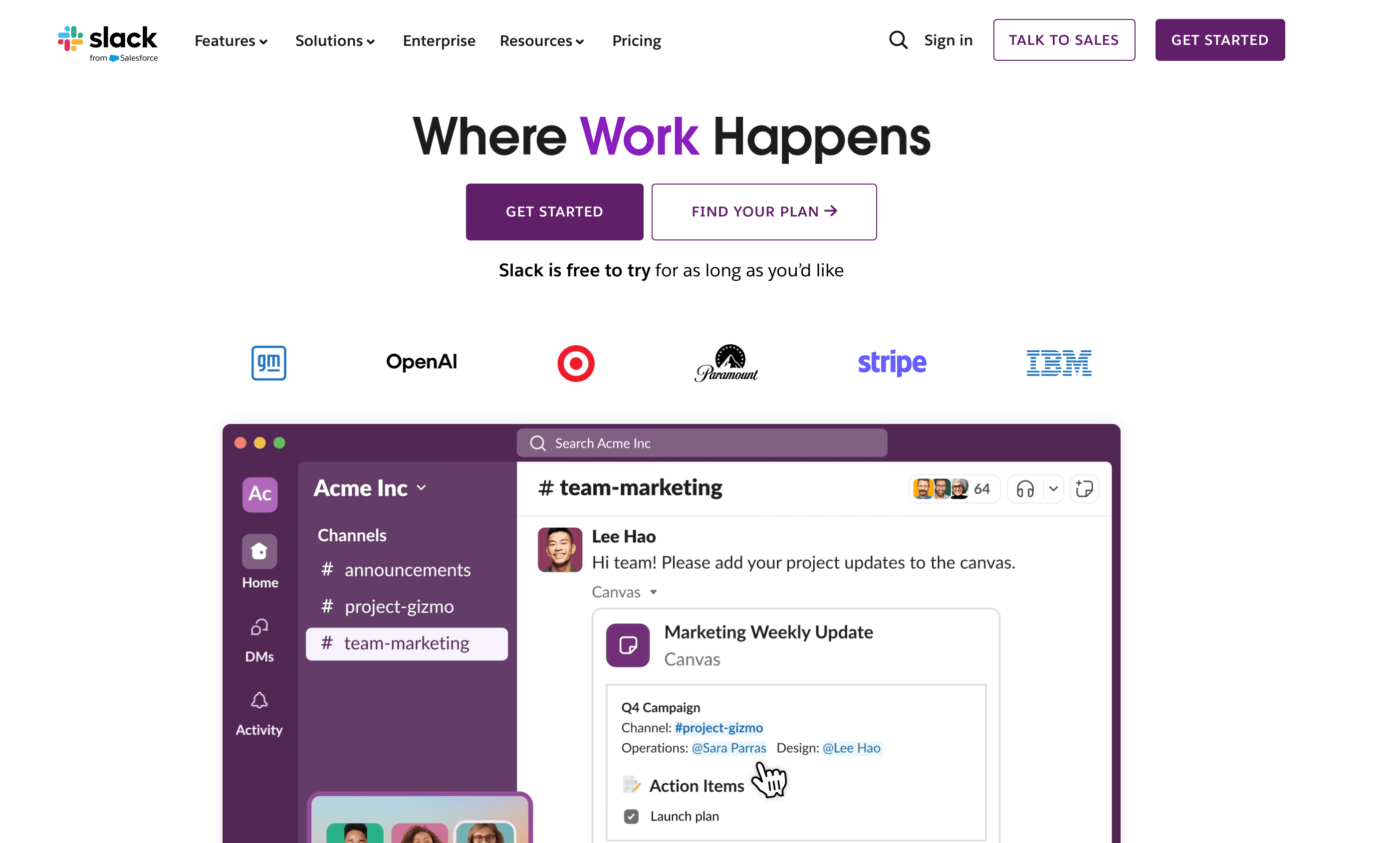 Slack interface displaying team marketing channel updates with project details and action items.