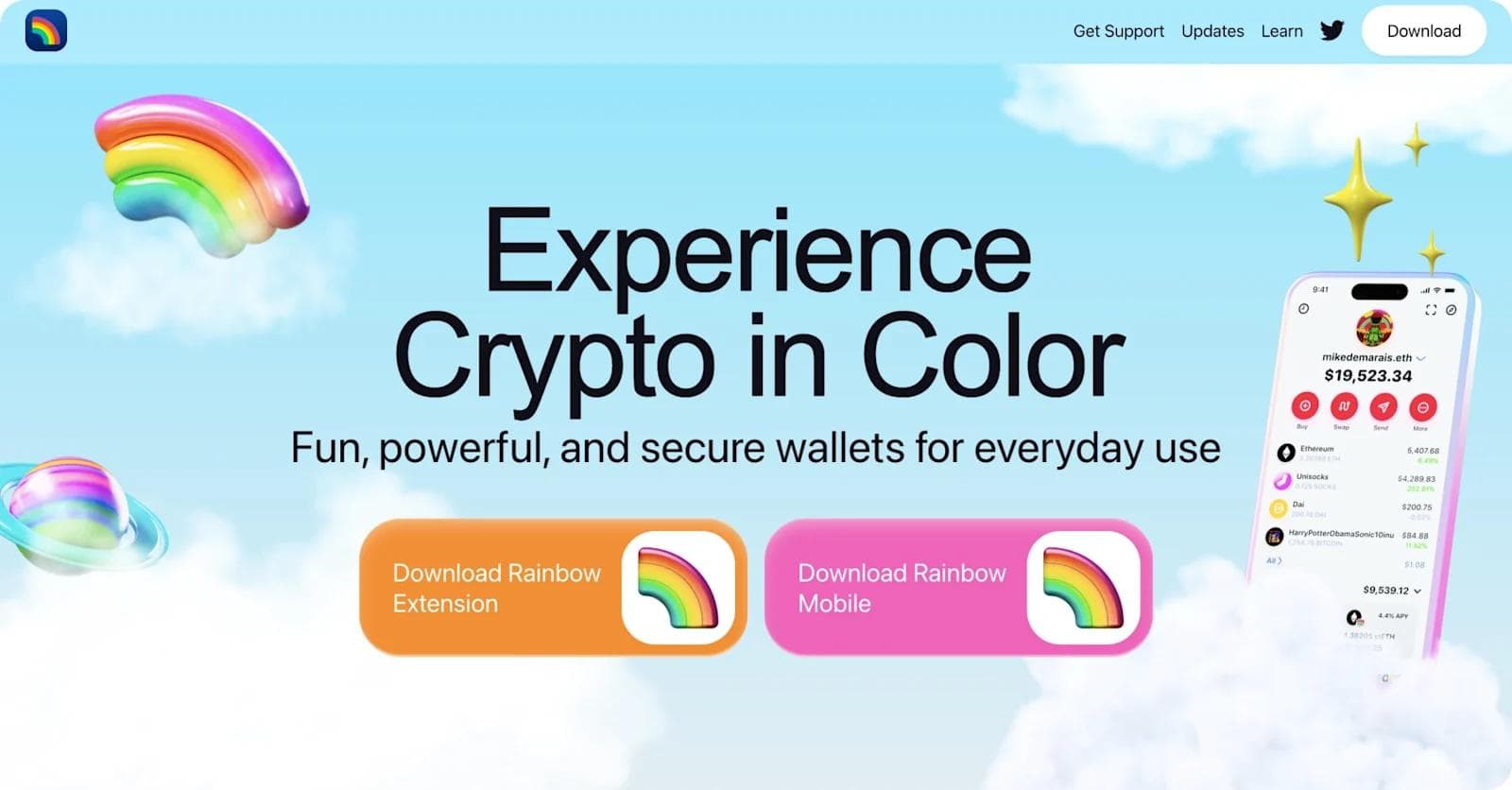 rainbow-wallet Colorful advertisement for a crypto wallet app, featuring download buttons and a user account overview.