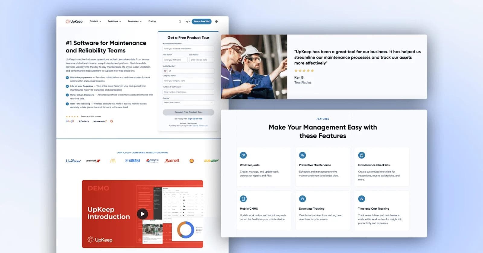 UpKeep - Demo page UpKeep software homepage showcasing features for maintenance and reliability teams, including testimonials and demo video.