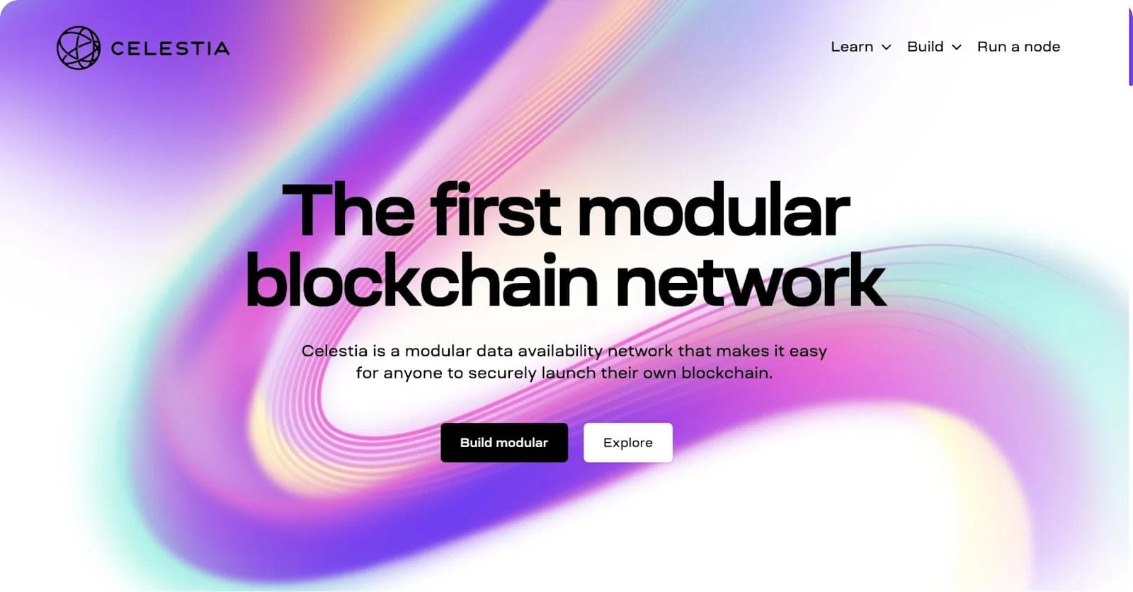 celestia-homepage Colorful graphic showcasing Celestia, a modular blockchain network for secure blockchain launches.