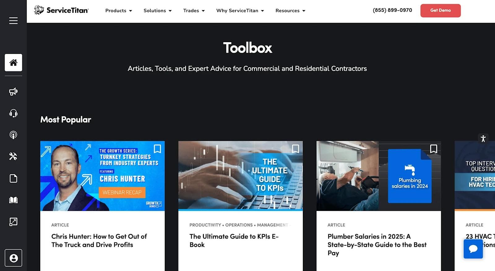 servicetitan resources ServiceTitan toolbox webpage featuring articles and resources for commercial and residential contractors.