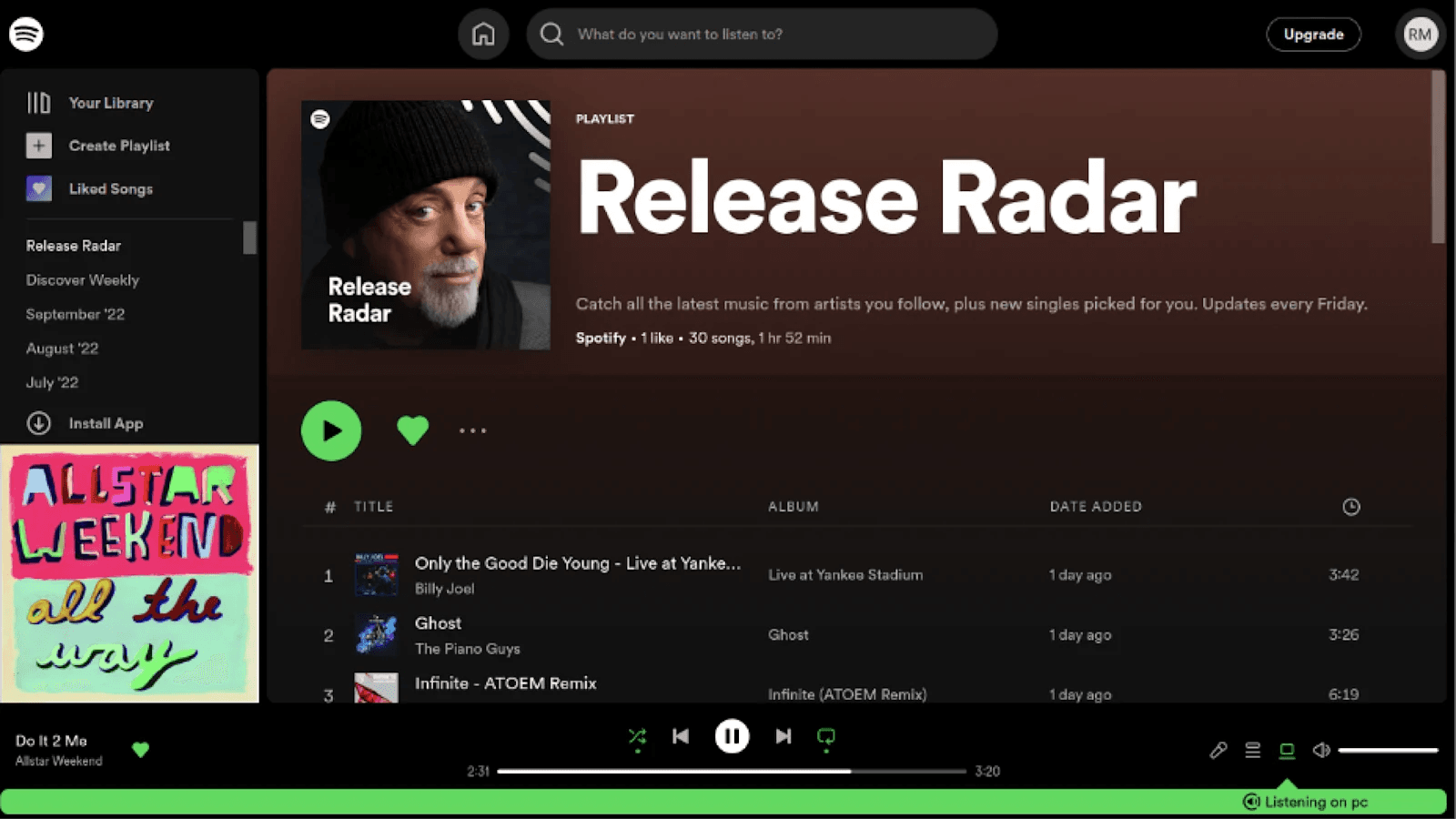 spotify 3 Spotify interface displaying the "Release Radar" playlist with song titles and durations.