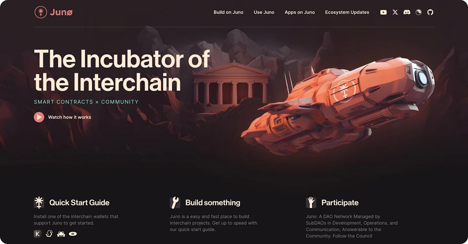 juno-homepage Landing page for Juno, featuring a spaceship graphic and text on interchain smart contracts and community engagement.