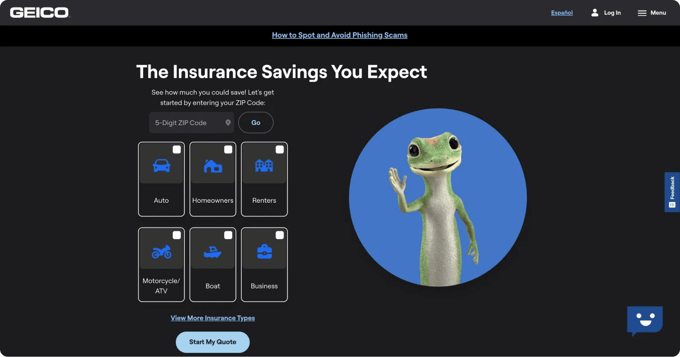 geico homepage 1 GEICO insurance website with a friendly gecko mascot guiding users to start a quote by entering their ZIP code.