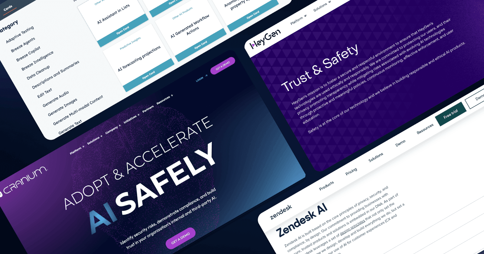 Collage of web pages showcasing AI tools, highlighting safety, trust, and resources for ethical AI usage.