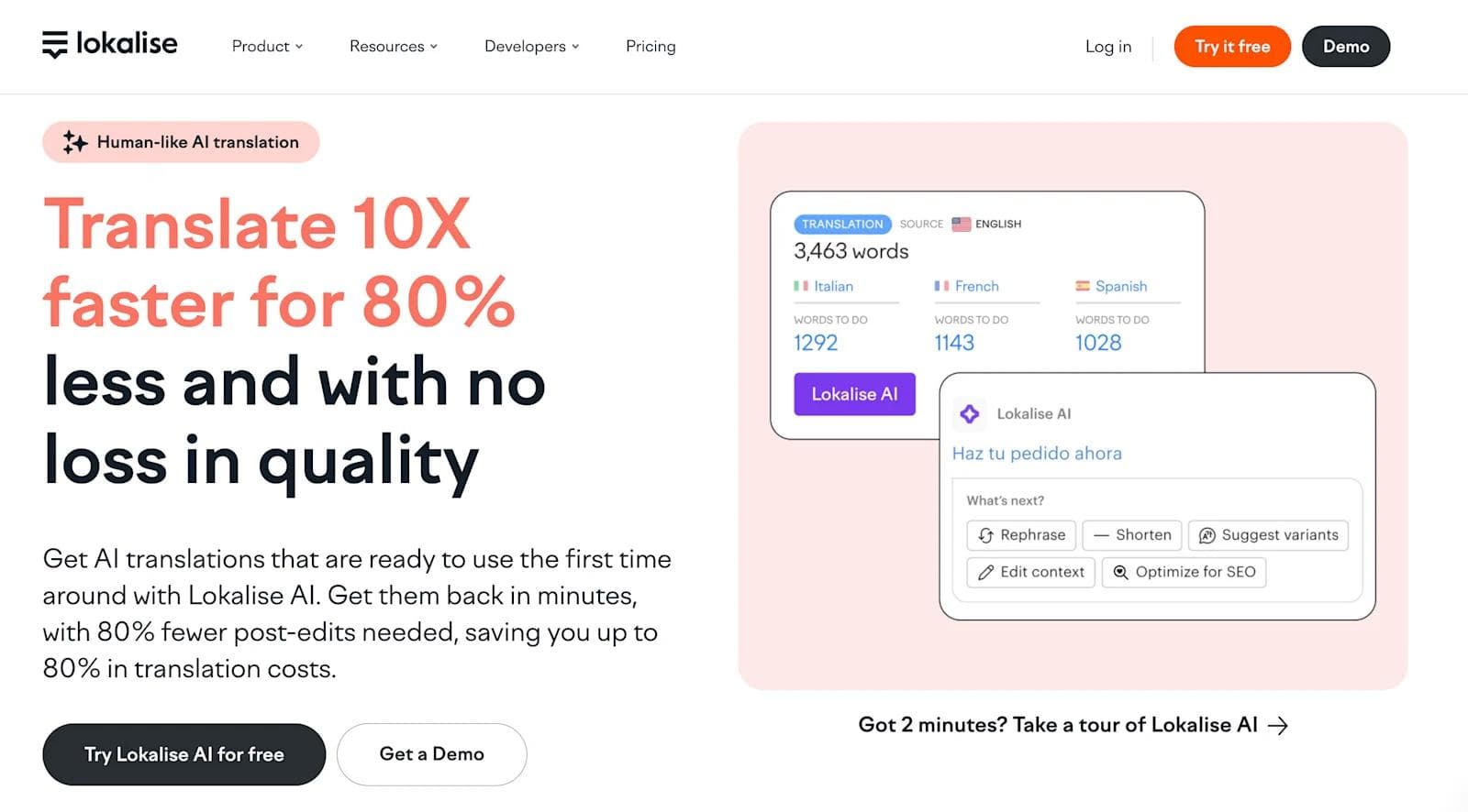 lokalise features Lokalise AI translation service showcasing features and benefits for fast, cost-effective translations.
