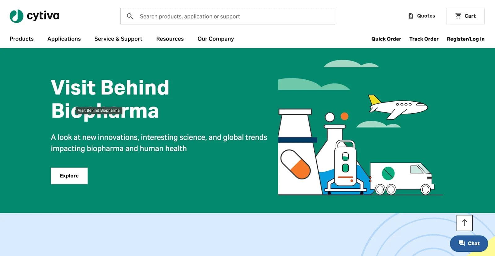 cytiva homepage Cytiva website featuring a banner about biopharma innovations with illustrations of lab equipment and an airplane.