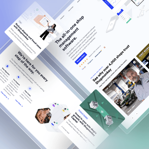 Website design showcasing all-in-one shop management software with engaging visuals and customer testimonials.