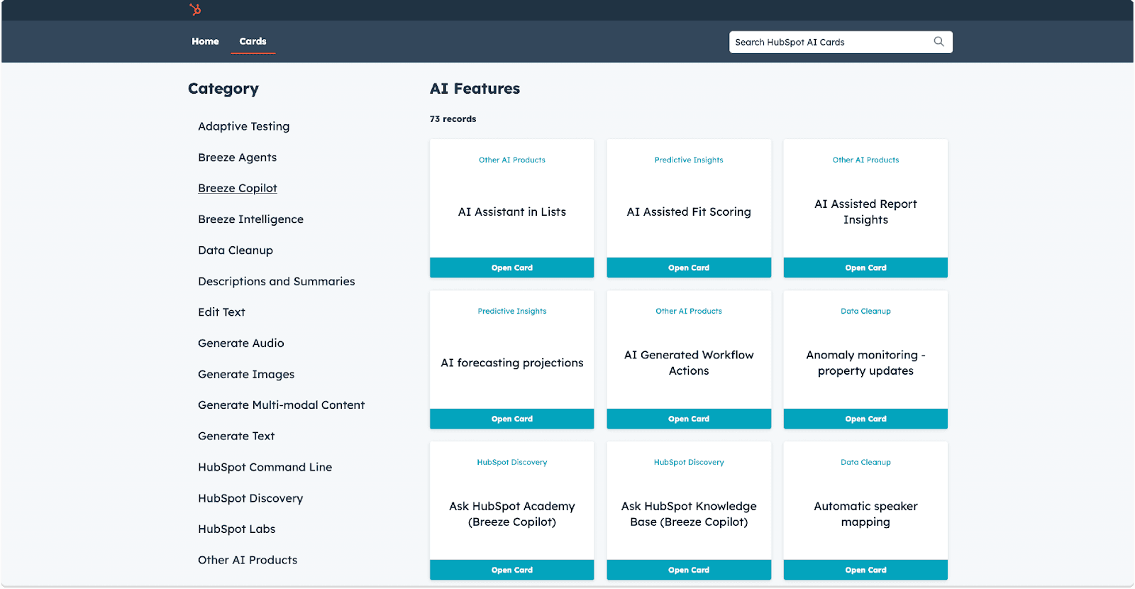 Dashboard of AI features with cards for various functionalities like forecasting, report insights, and data cleanup.