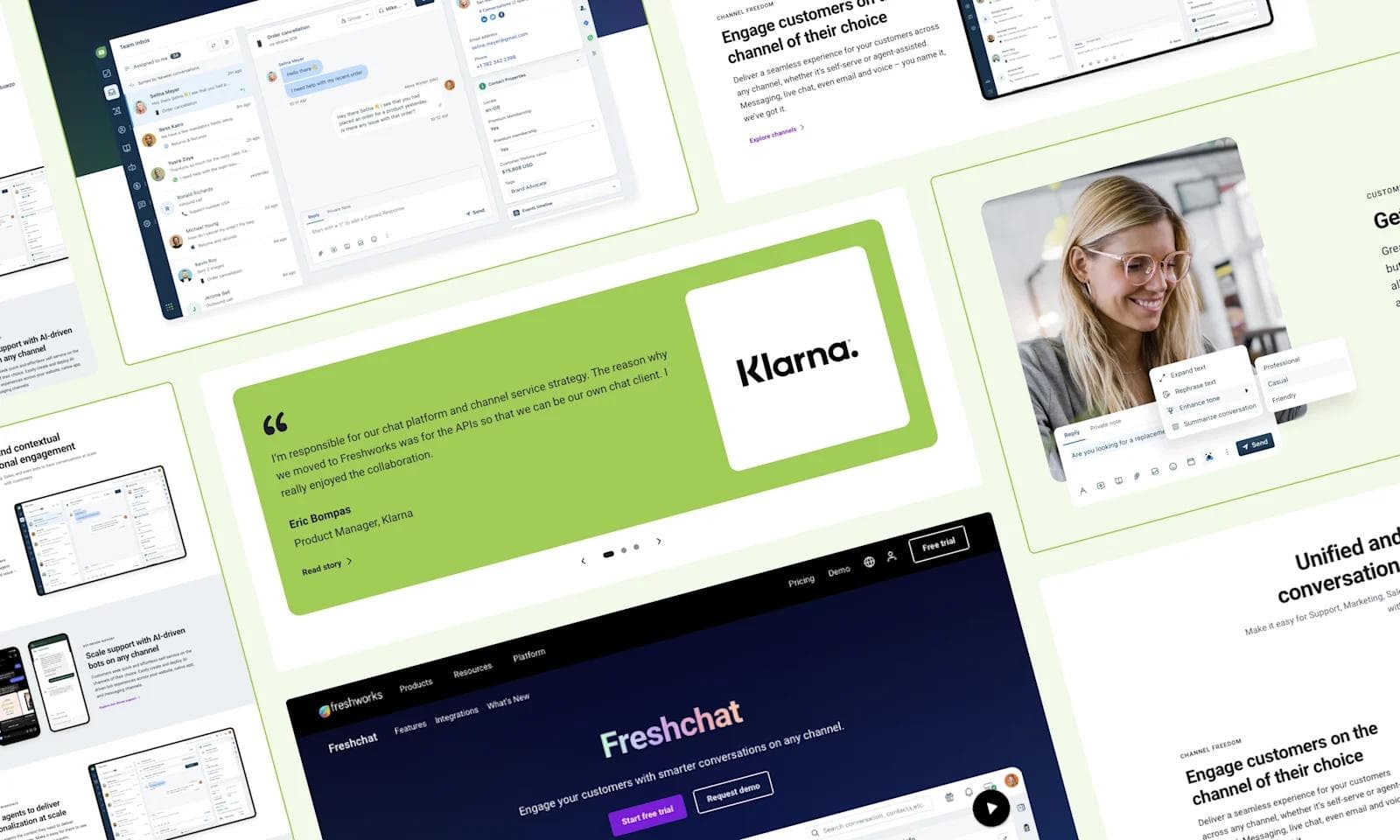 Freshworks product page Collage of chat platform interfaces and user testimonials showcasing customer engagement tools and features.