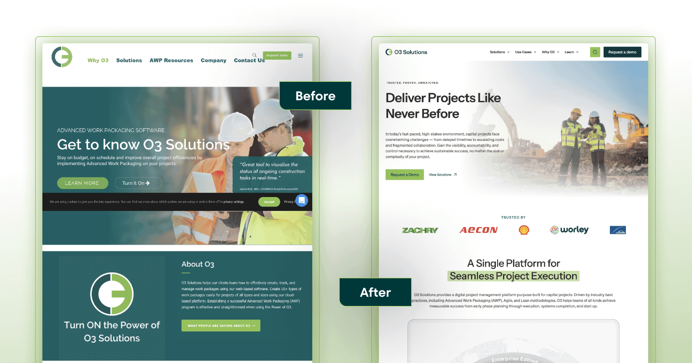 A before and after comparison of the O3 homepage.