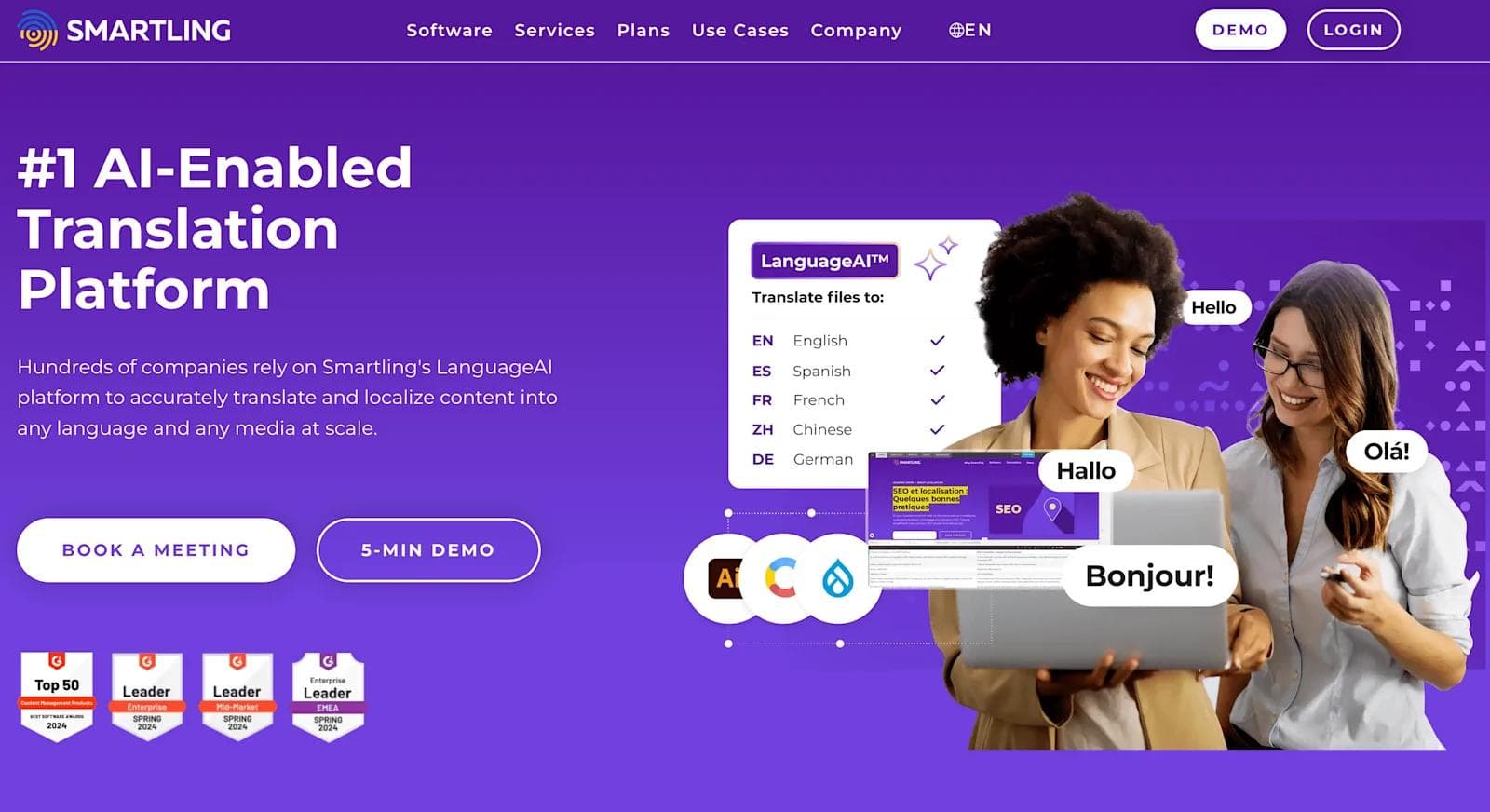 smartling Women engaging with AI translation software, showcasing multilingual capabilities and user-friendly interface.
